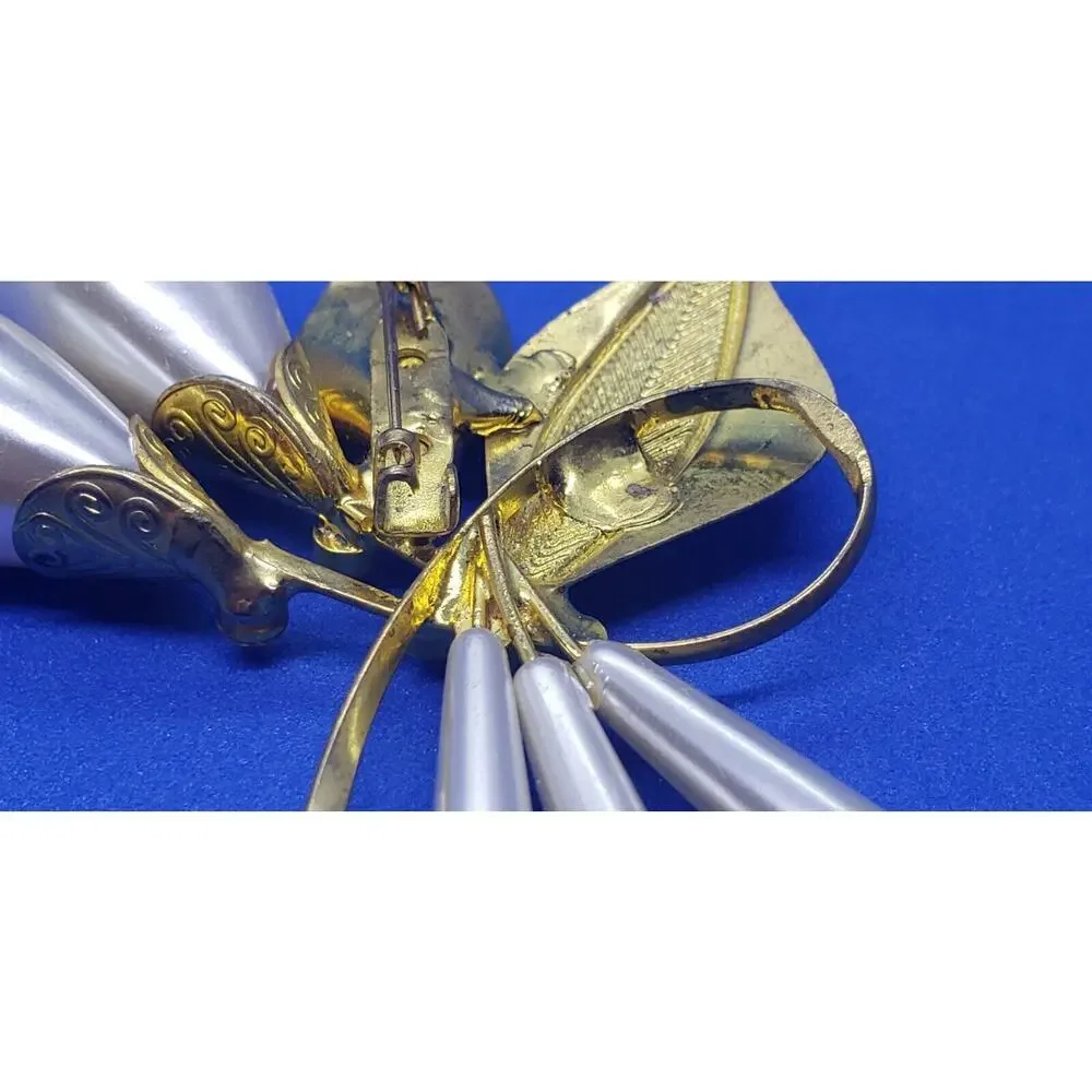 Antique Art Nouveau Brooch Big Faux Pearl & Calla Lily Flowers Gold leaves